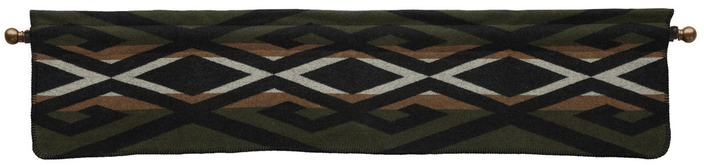Wooded River Paloma Earth Valance in sage green, rust red, black, and tan tones with a 3-inch rod pocket and 1.5-inch header, made from a sustainable wool blend; coordinates with Paloma Earth bedding collection.