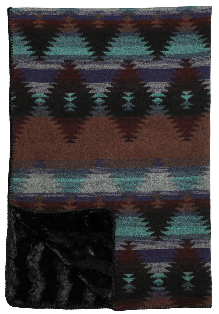 Wooded River Premier Painted Desert Throw with Southwestern design in turquoise, purple, and grey, featuring soft Obsidian cuddle fur backing for added warmth and comfort; perfect for cozy, year-round use.