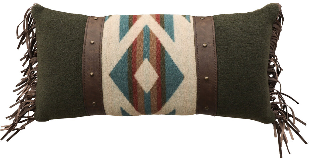 Wooded River Puesta Del Sol 14x26 decorative pillow featuring a blend of Puesta Del Sol and Solid Sage fabrics with leather accent bands, decorative studs, and fringe detailing; coordinates with matching bedding collection.