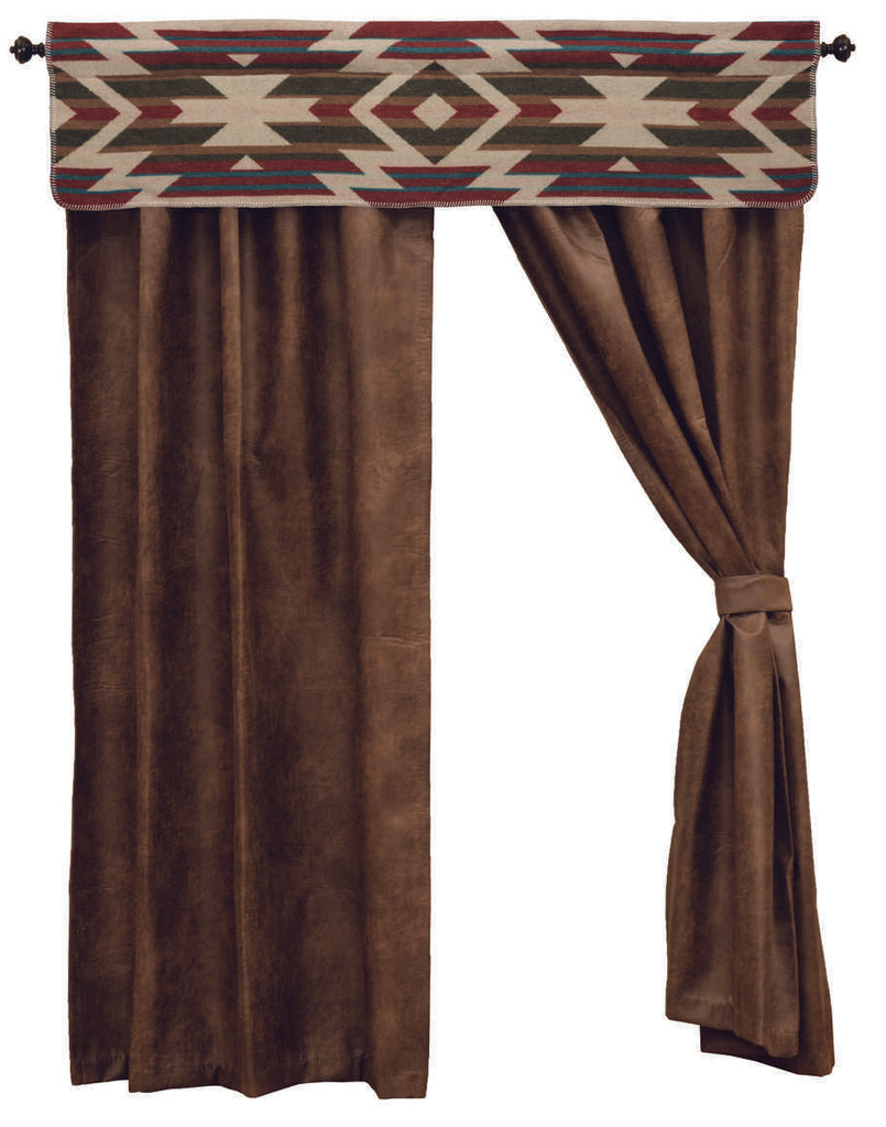 Wooded River Puesta Del Sol Drape Set featuring two distressed brown faux leather panels with tiebacks, showcasing rustic western charm; includes 3-inch rod pockets and 1.5-inch headers for easy installation; coordinates with Puesta Del Sol bedding.