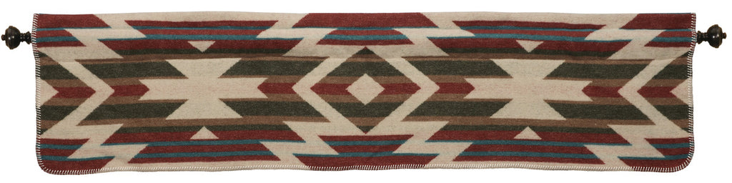 Wooded River Puesta Del Sol Valance featuring a rich blend of sage green, rust red, black, and tan tones; made from a sustainable fabric blend with a 3-inch rod pocket and 1.5-inch header for easy hanging; coordinates with matching Puesta Del Sol drapes and bedding.