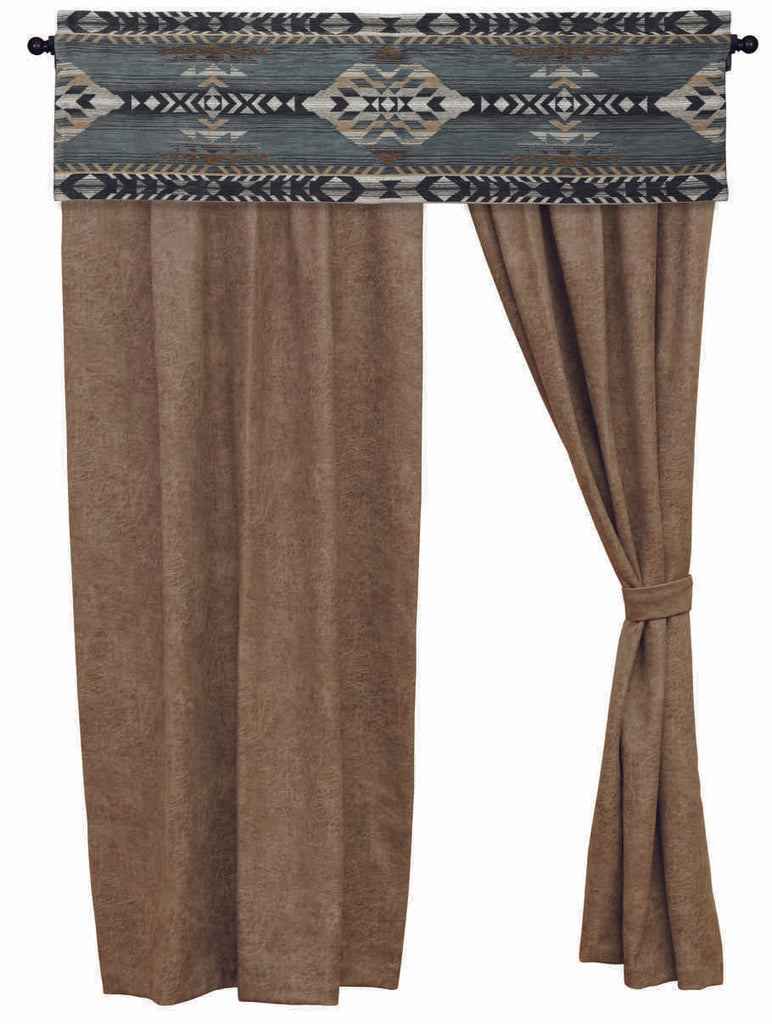 Spearhead Dusk Drape Set by Wooded River featuring two faux leather Shale panels in muted grey tones, complete with matching tiebacks, a 3-inch rod pocket, and 1.5-inch header—perfect for adding rustic charm and western elegance to your bedroom or living space.