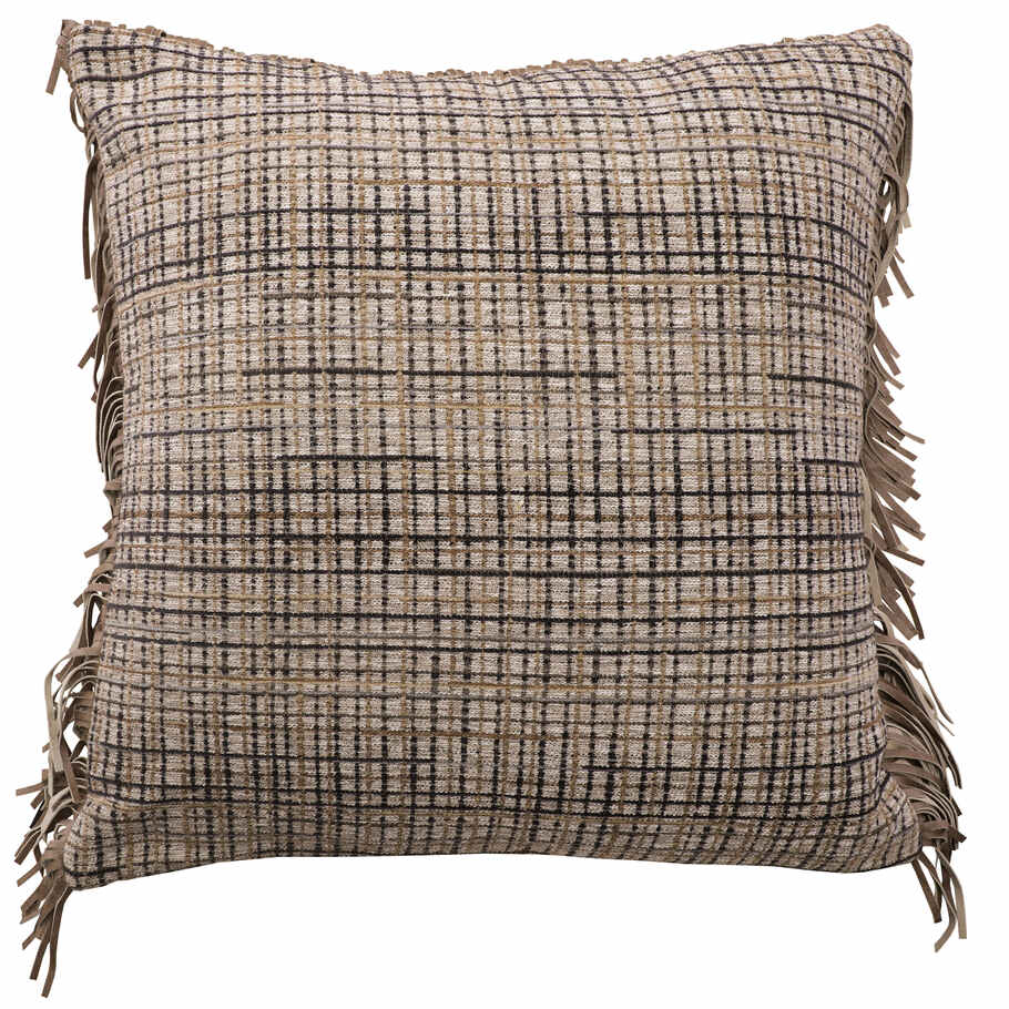 Spearhead Dusk Euro Sham by Wooded River featuring a rugged steely blue fabric with genuine cowhide leather fringe, crafted from a durable 89% Polypropylene and 11% Polyester blend. Sham cover only, pillow insert not included. Coordinates with the full Spearhead Dusk bedding collection.