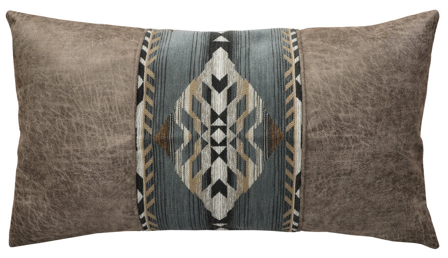 Spearhead Dusk Sham Cover by Wooded River featuring a bold geometric design in grey-blue, grey, and taupe with Shale faux leather side panels, back, and welt; three-panel construction with zipper closure; rustic and elegant bedding accent, pillow insert not included.