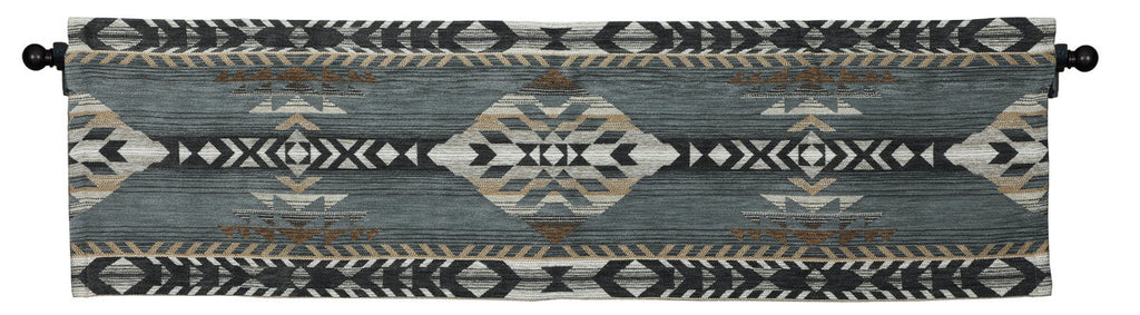 Spearhead Dusk Valance by Wooded River featuring a 3-inch rod pocket and 1.5-inch header in a rich, earthy pattern. Coordinates perfectly with matching drape panels and other Spearhead Dusk bedding pieces for a refined, rustic window treatment. Valance only.
