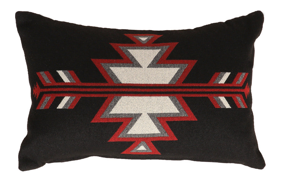 Wooded River Sun Valley Mojave 12x18 Decor Pillow featuring Phantom Ranch Mini Coal fabric in a bold black, red, grey, and white palette. Crafted from 62% post-consumer recycled polyester and 38% polyester, this pillow adds a sophisticated touch to both southwestern and contemporary décor. Coordinates with the full Sun Valley Mojave bedding collection.