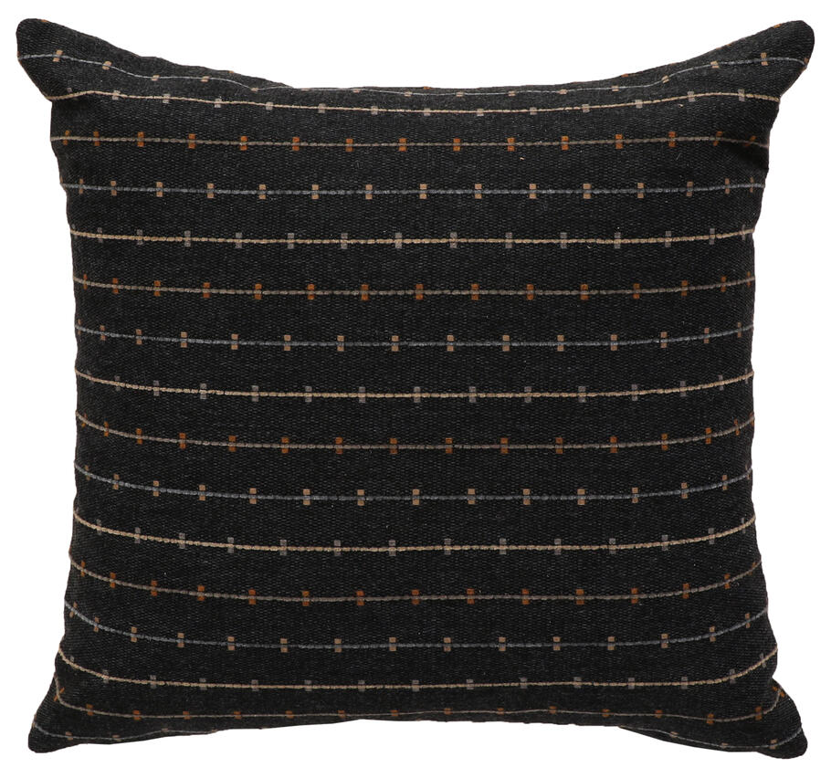 Wooded River Sun Valley Mojave 18x18 decorative pillow featuring a bold blue-black base with a subtle linear pattern in earthy tones of brown, beige, and gray. Made from durable 100% Sunbrella Acrylic fabric, this square pillow offers a timeless yet contemporary look that complements both rustic and modern decor. Coordinates with all Sun Valley Mojave bedding items.