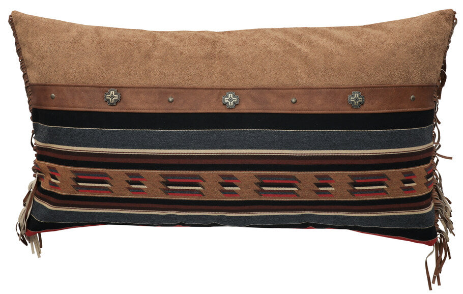 Sun Valley Mojave sham cover by Wooded River featuring bold southwestern geometric patterns in tan, cream, brown, black, red, and blue-grey. Made from durable 100% Sunbrella Acrylic with genuine leather bands and fringe. Sham cover only, pillow insert not included. Coordinates with Sun Valley Mojave bedding collection.