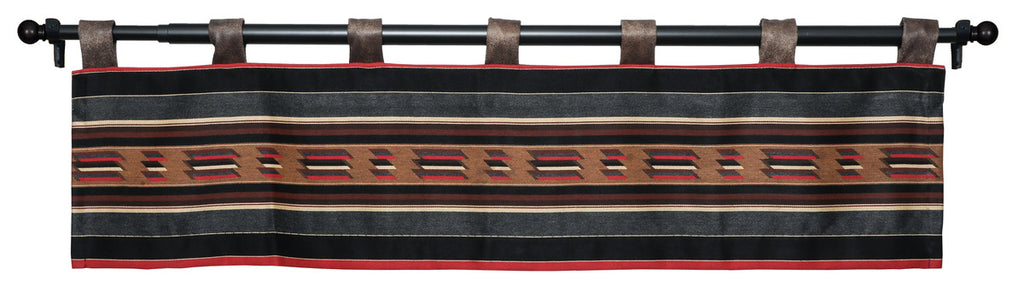 Wooded River Sun Valley Mojave Valance crafted from 100% Sunbrella Acrylic fabric, featuring a bold southwestern geometric pattern in tan, cream, brown, black, red, and blue-grey. Includes a 3-inch rod pocket and 1.5-inch header for easy hanging. Valance only, designed to coordinate with matching drape panels and Sun Valley Mojave bedding.