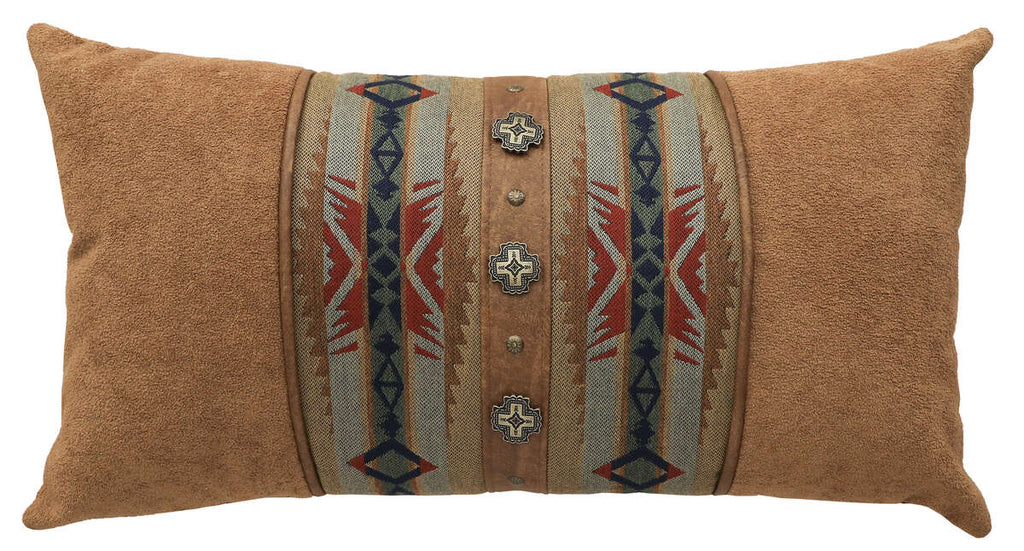 Wooded River Sunset Canyon 14x26 decorative pillow featuring a Southwest-inspired design with light sage green, rust, brown, and soft blue hues. Made from Sunbrella™ fabric with a soft Nougat polyester back, accented by cowhide welt and bands, leather fringe, and concho details.