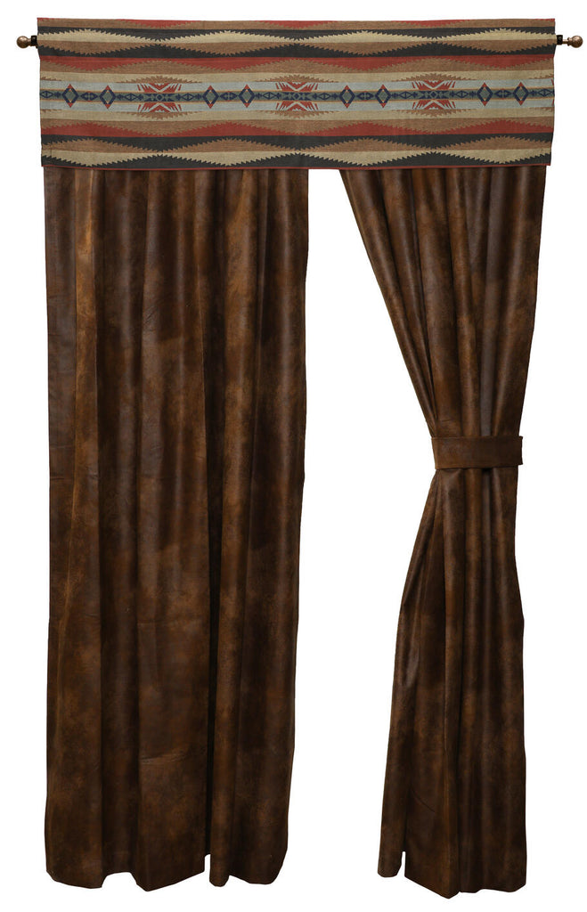 Wooded River Sunset Canyon Drape Set, featuring two faux leather Durango Bourbon panels in a warm, distressed brown hue. Includes matching tiebacks, with a 3-inch rod pocket and 1.5-inch header.