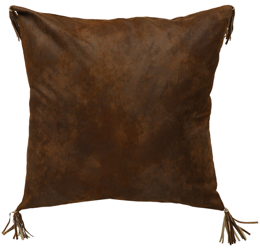 Wooded River Sunset Canyon Euro Sham in faux leather Durango Bourbon, featuring a rich distressed brown color and authentic leather fringe for a rustic yet refined southwestern look. Sham cover only, pillow insert not included.