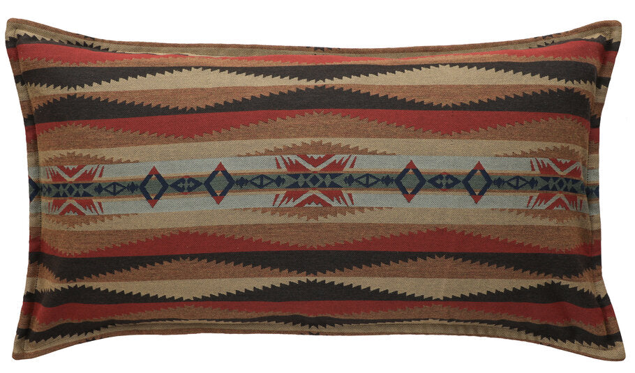 Wooded River Sunset Canyon Sham Cover featuring a serene blend of sage green, rust, and soft blue tones in a Southwest-inspired geometric pattern. Crafted from 100% Sunbrella Acrylic, this durable and fade-resistant sham offers a tranquil desert ambiance. Pillow insert not included; coordinates with all Sunset Canyon bedding items by Wooded River.
