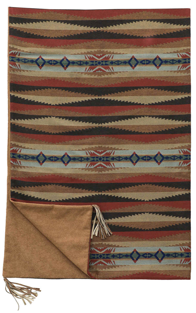Wooded River Sunset Canyon Throw featuring a blend of sage green, rust, brown, and soft blue hues in a Southwest-inspired pattern. Front made from durable Sunbrella Acrylic with a soft Nougat polyester backing. Finished with genuine leather fringe.