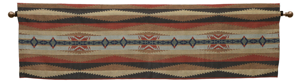 Wooded River Sunset Canyon Valance showcasing a warm Southwest-inspired color palette of sage green, rust, brown, and soft blue. Made from durable 100% Sunbrella Acrylic fabric with fade-resistant and water-repellent properties. Features a 3-inch rod pocket and 1.5-inch header.