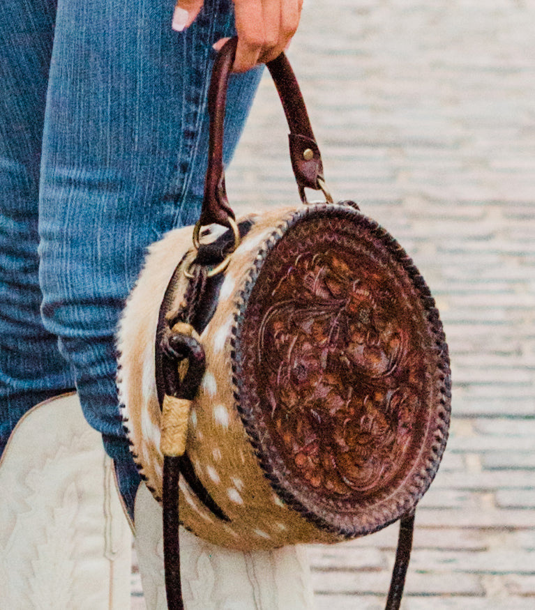 Western tooled leather floral and cowhide inlay fringe round purse