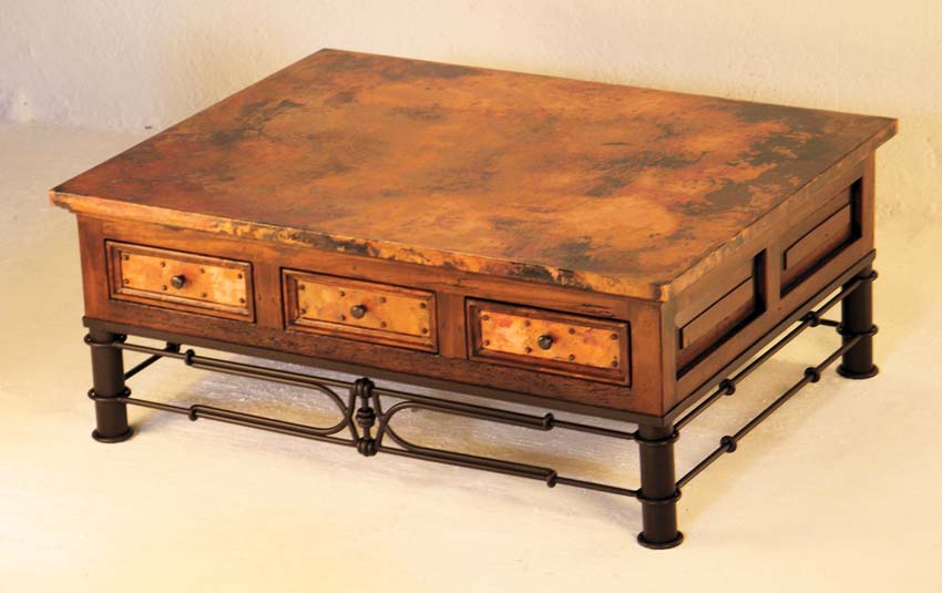 Copper Cocktail Table with 6 Drawers