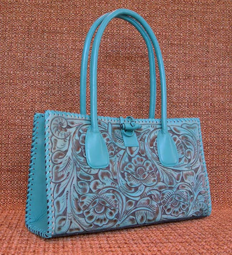 Juan Antonio Tooled Turquoise Leather Tote Juan Antonio Tooled Turquoise Leather Tote
