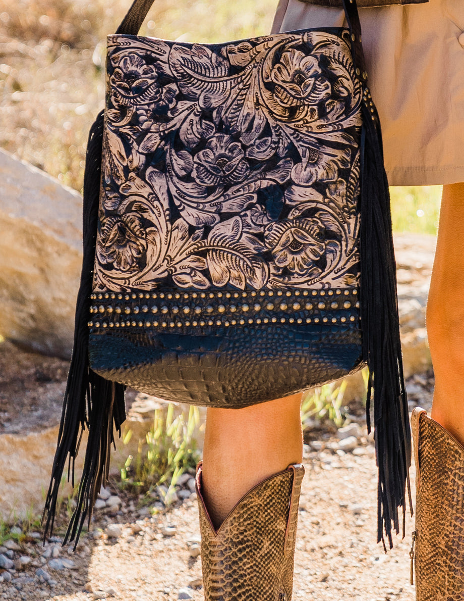 Genuine Leather Floral Tooled Fringe Crossbody Bag