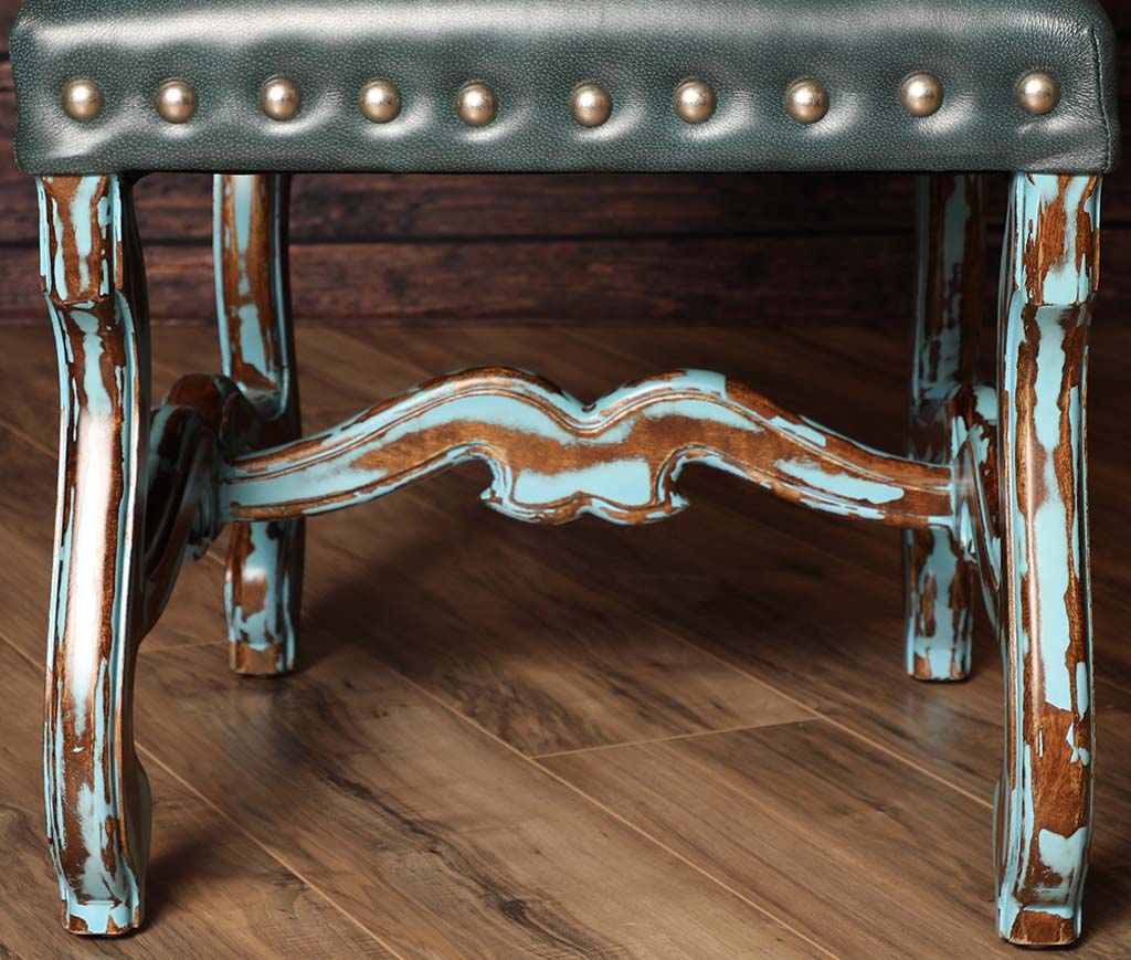 details of the turquoise wood legs